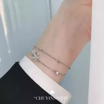 Двухслойный браслет из стерлингового серебра с маленьким бриллиантом и цветком, нишевые украшения для темперамента, высококачественные индивидуальные универсальные ручные украшения из циркона для женщин белый