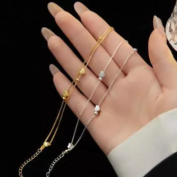 Двухслойный браслет из стерлингового серебра с сердцем и круглыми бусинами — в японском и корейском стиле BRS223 платиновый