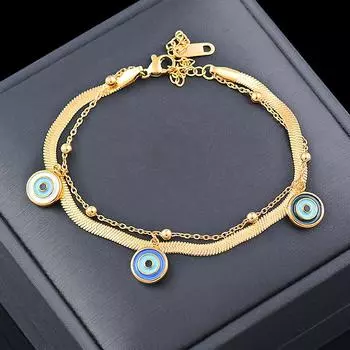 Двухслойный браслет из титана и титановой стали с капающим маслом голубым глазом