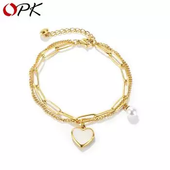 Двухслойный браслет OPK из нержавеющей стали с жемчугом любви серебряный