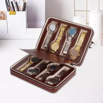 Двухслойный держатель для часов с 8 отделениями для путешествий и хранения коричневый