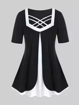 Двухслойный двухцветный топ-туника Rosegal больших размеров на бретелях M белый/чёрный