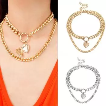 Двухслойный кулон в форме сердца в стиле панк, толстая цепочка-колье с бордюром, ожерелье, ювелирные изделия золотистый