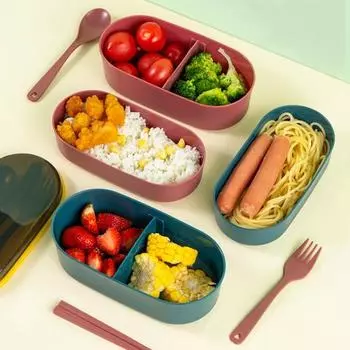 Двухслойный ланч-бокс с посудой, герметичный ланч-бокс Bento Box 800 мл, легкий термостойкий контейнер для приготовления пищи синий