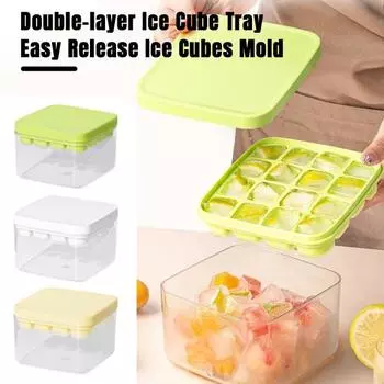 Двухслойный лоток для кубиков льда с крышкой, 16 полостей, легкосъемный холодильник, летний коктейль, виски, льдогенератор, пресс-форма, кухонные принадлежности белый