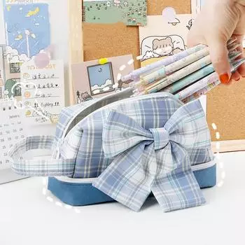 Двухслойный пенал большой емкости, японский холщовый студенческий пенал с сердечком для девочек, клетчатый пенал с милым бантом, подарки для девочек yellow with bow
