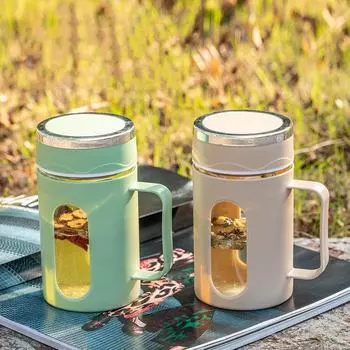 Двухслойный пластиковый стеклянный стакан с ручкой - идеальный офисный стакан для воды и рекламный подарок 400ml