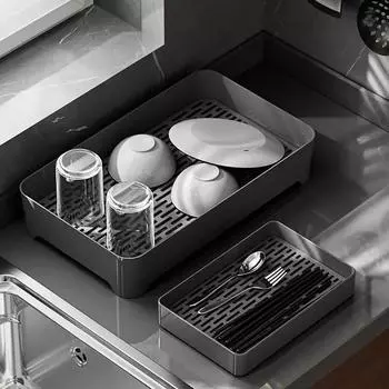 Двухслойный поддон для хранения чашек Сушилка для посуды Фрукты Овощи Подставка для слива воды Черные чашки Чайные тарелки Поддон для сушки Кухонный аксессуар