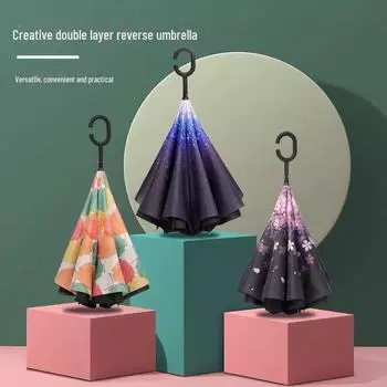 Двухслойный С-образный обратный зонт, очень большой, с длинной ручкой для двух человек, индивидуальный логотип, для любой погоды, для установки на автомобиль, рекламный зонт