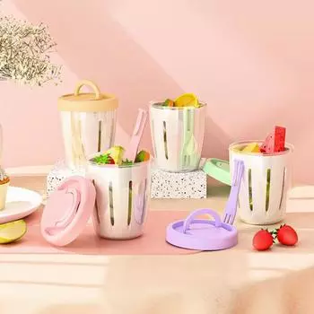 Двухслойный салатник, переносной контейнер для фруктов с вилкой, герметичная герметичная коробка для еды для пикника на открытом воздухе и путешествий жёлтый