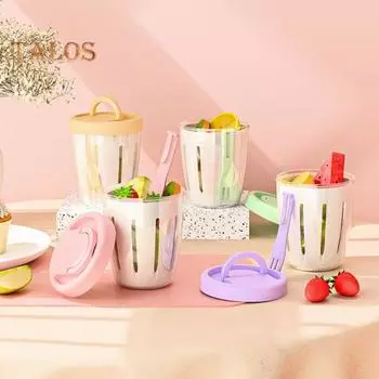 Двухслойный салатник, переносной контейнер для фруктов с вилкой, герметичная герметичная коробка для еды для пикника на открытом воздухе и путешествий жёлтый