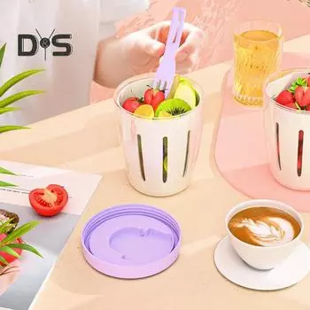 Двухслойный салатник, переносной контейнер для фруктов с вилкой, герметичная герметичная коробка для еды для пикника на открытом воздухе и путешествий жёлтый