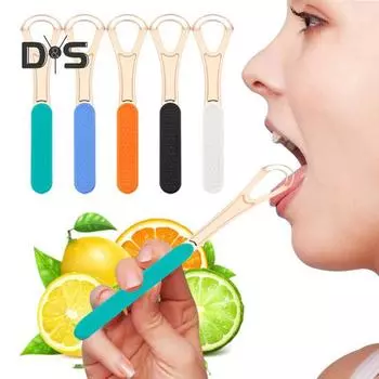 Двухслойный скребок для языка из нержавеющей стали. Высокопрочная полукруглая гибкая щетка для языка с нескользящей ручкой для тщательной очистки. синий