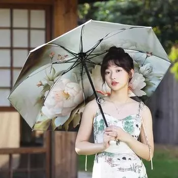 Двухслойный солнцезащитный зонт в стиле ретро с утолщенным черным клеем для женской защиты от солнца, усиление защиты от ультрафиолета, солнцезащитный зонт двойного назначения с ручным управлением