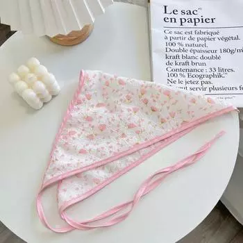 Двухслойный треугольный шарф с цветочным принтом, тонкий хлопковый шарф для волос с клубничным цветочным принтом, корейский сладкий свежий литературный тюрбан, аксессуары