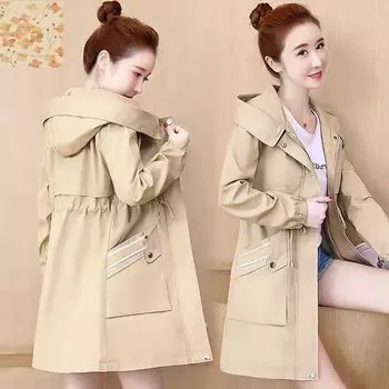Двухслойный женский тренчкот средней и длинной длины на весну и осень, новое свободное и универсальное пальто с капюшоном для женщин M [recommended 85-50 kg]