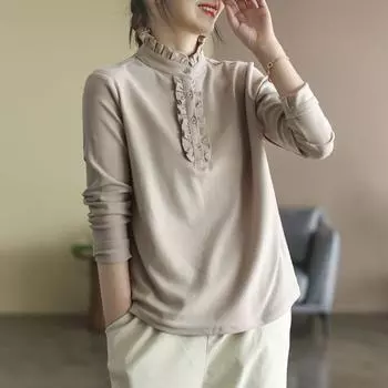 Двухсторонняя матовая однотонная рубашка с длинными рукавами, футболка на весну и осень с грибковой кромкой, полувысокий воротник, кружевной свободный топ M бежевый
