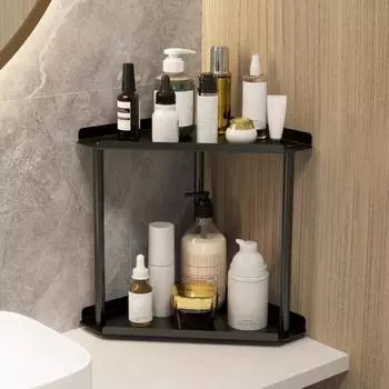 Двухуровневая полка для хранения вещей, угловая полка для ванной комнаты, прочная несущая полка для ванной комнаты, органайзер для витрины с ограждениями чёрный