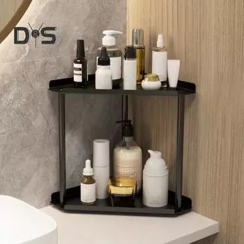 Двухуровневая полка для хранения вещей, угловая полка для ванной комнаты, прочная несущая полка для ванной комнаты, органайзер для витрины с ограждениями чёрный