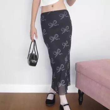 Двуслойная сетчатая сумка с принтом в стиле ретро, юбка на бедре, тонкая длинная юбка трапециевидной формы с высокой талией в стиле ретро S чёрный