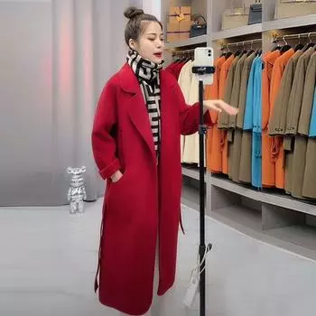 Двустороннее бархатное шерстяное пальто для женщин, популярное осенью и зимой, свободное кашемировое шерстяное пальто со шнуровкой для женщин S [recommended 80-47.5kg]