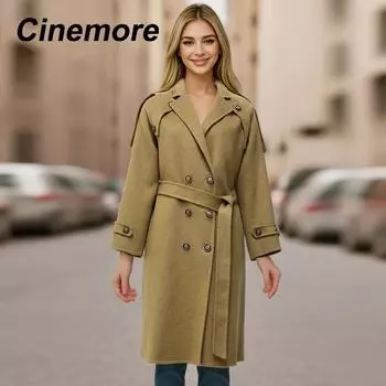 Двустороннее кашемировое пальто Cinemore для женщин, длинное, весна-осень 2024, новое свободное женское шерстяное пальто высокого класса с поясом, элегантное женское пальто 2307-1