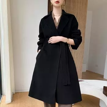 Двустороннее кашемировое пальто для женщин на осень и зиму с поясом выше колена, среднее и длинное высококачественное шерстяное пальто для женщин из чистой шерсти XS красный