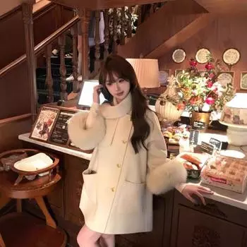 Двустороннее кашемировое пальто для женщин, накидка из меха лисы золотистого цвета средней длины, высококачественное шерстяное пальто S