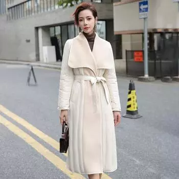 Двустороннее кашемировое пальто и пуховик для женщин средней и длинной длины на зиму 2024 года, новая модная куртка с темпераментом на талии прилив M хаки