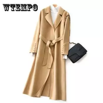 Двустороннее кашемировое пальто с поясом, женское модное элитное тонкое шерстяное пальто средней длины для женщин XXXXL бежевый