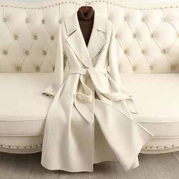 Двустороннее кашемировое пальто женское длинное выше колена свободное большого размера шерстяное пальто высокого качества 2024 осень-зима новые модели S белый