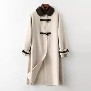 Двустороннее кашемировое пальто, женское, средней и длинной длины, 2024, новое модное шерстяное пальто высокого класса с роговой пряжкой, одна часть отправлена от имени других. S