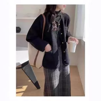 Двустороннее короткое свободное пальто женское 2024 осень-зима новый французский маленький ароматный стиль круглый вырез шерстяной кардиган топ прилив S чёрный