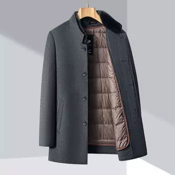 Двустороннее шерстяное пальто мужское со съемной пуховой подкладкой для людей среднего и пожилого возраста шерстяное пальто-папа с воротником-стойкой и меховым воротником 165
