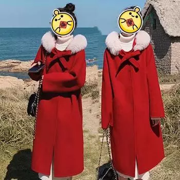 Двустороннее шерстяное пальто, однотонный меховой воротник, корейский стиль, свободный плащ, повседневное шерстяное пальто в античном стиле S красный