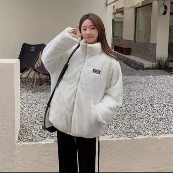 Двустороннее утолщенное пальто из овечьего флиса для женщин, хлопковое пальто с вышивкой, зимнее теплое пальто с воротником-стойкой M чёрный