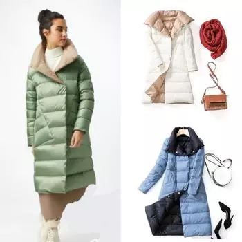 Двусторонний длинный пуховик Водолазка весна-осень Белая теплая парка на утином пуху Черный Золотой Серый Голубой Зеленый Белый S-5XL S чёрный