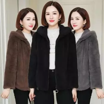 Двусторонний флисовый свитер с капюшоном из флиса, кардиган для женщин, новый осенне-зимний свободный иностранный стиль, имитация плюша ягненка, пальто для женщин 6XL [Recommended to wear within 102.5kg]