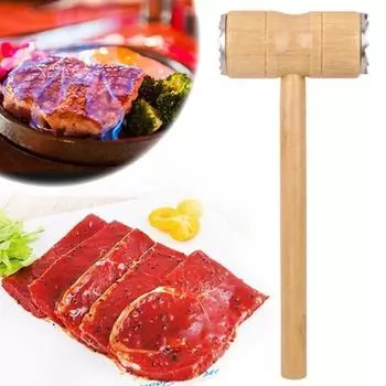 Двусторонний молоток для размягчения мяса. Удобная ручка. Деревянная длинная ручка. Прочный молоток для стейка, курицы, говядины, птицы.