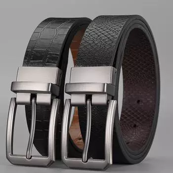 [Двусторонний] ремень мужской ПУ вращающаяся пуговица головка деловой повседневный декоративный костюм брюки молодой мужской ремень Length 122 Width 3.7