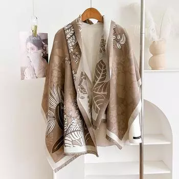 Двусторонний шарф с принтом листьев и лесом, зимний высококачественный теплый платок для женщин 185cm коричневый