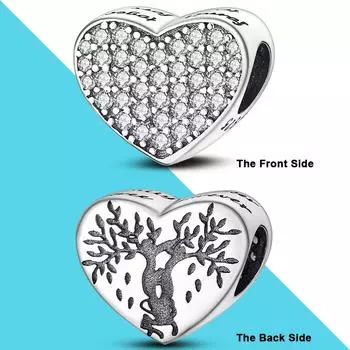 Двусторонний узор в форме сердца с бусинами-шармами, оригинальный браслет с подвесками «сделай сам» из дерева жизни и сверкающего циркония в форме сердца