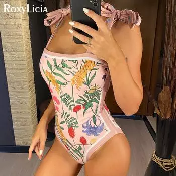 Двусторонний женский купальник с цветочным принтом, цельный купальник, женский купальный костюм с цветочным принтом и высоким вырезом, купальный костюм для плавания S зелёный