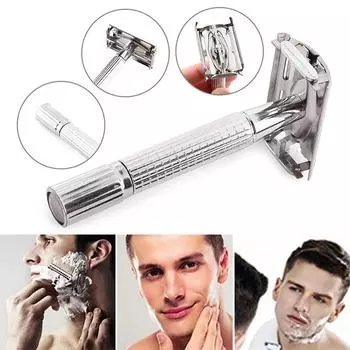 Двусторонняя борода, бритье волос, мужская традиционная классическая бритва для бороды, бритва из нержавеющей стали, безопасные лезвия триммера + коробка для парикмахера синий