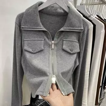 Двусторонняя молния с лацканами свитер для девочек сексуальный тонкий укороченный топ однотонная куртка пальто осенняя уличная одежда университетская леди Харадзюку Y2K S чёрный