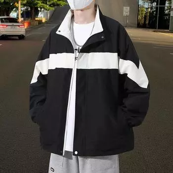Двусторонняя мужская куртка-бомбер весна-осень, новая свободная американская модная марка, ветрозащитная и водонепроницаемая M чёрный