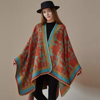 Двусторонняя однотонная шаль с полосатой клетчатой накидкой и термошарфом 160-135 тёмно-синий