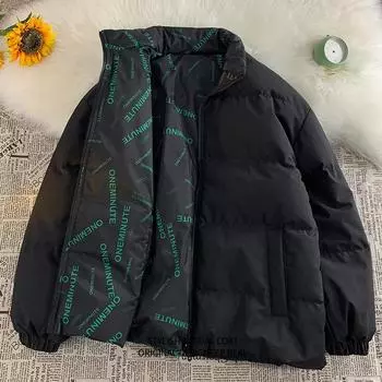 Двусторонняя пуховая хлопковая подкладка для мужчин, зимние пары, воротник-стойка, утолщенная волнистая теплая одежда для хлеба, свободное пальто для мужчин M чёрный