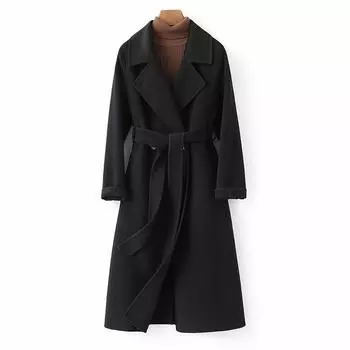 Двусторонняя шерстяная куртка средней и длинной длины, облегающая и тонкая, осень 2024 года, новое высококачественное шерстяное пальто выше колена для женщин S90~105 чёрный