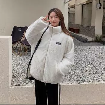 Двусторонняя толстая куртка из овечьего флиса, женская хлопковая куртка с вышивкой, зимняя теплая куртка с воротником-стойкой M